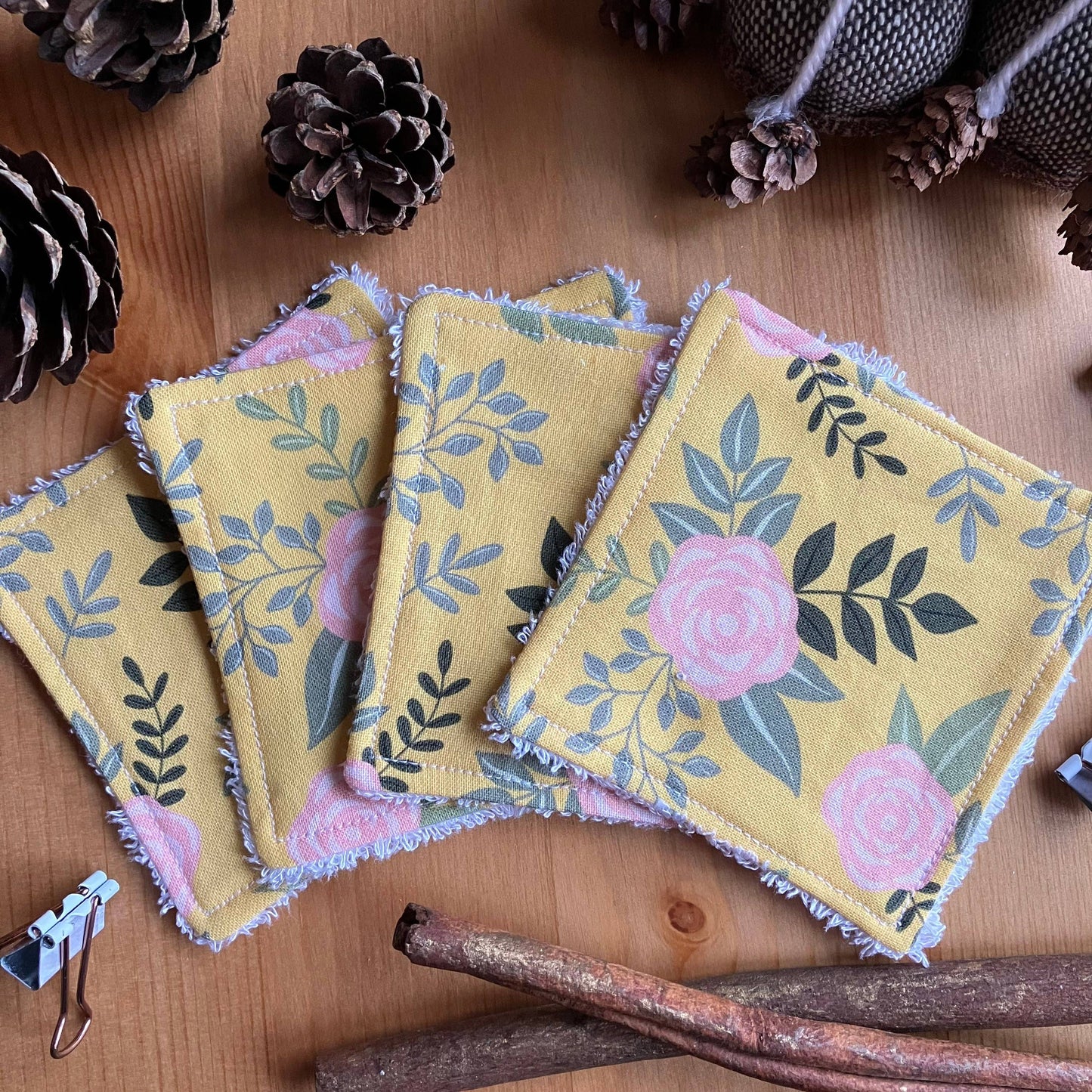 Reusable Face Wipes, Yellow Floral Patterned Square Handmade