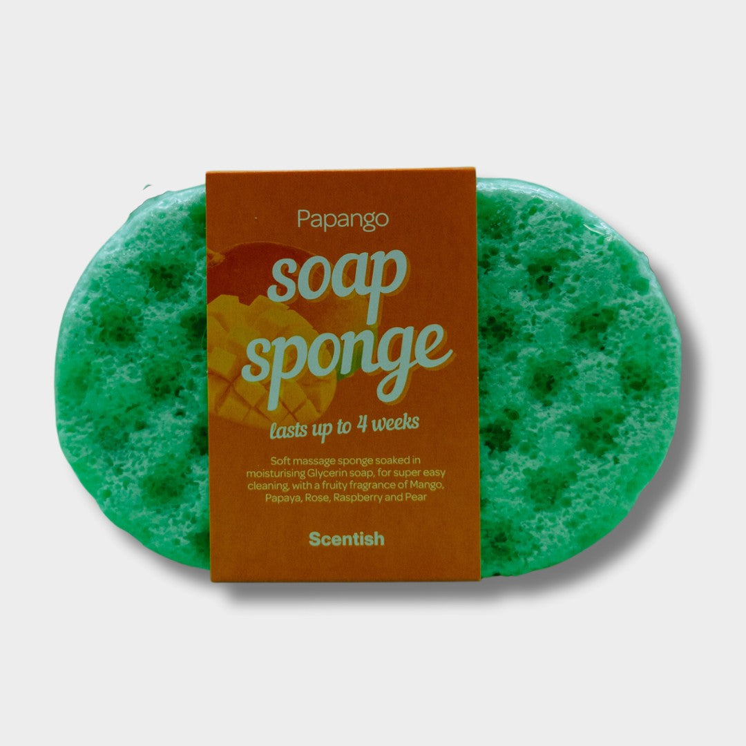 Scentsanctuary24 Papango exfoliating soap sponge in bright green with a tropical fruit scented moisturising lather