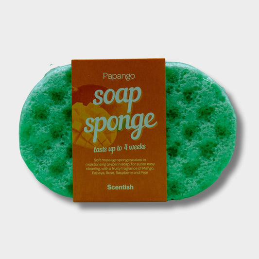 Scentsanctuary24 Papango exfoliating soap sponge in bright green with a tropical fruit scented moisturising lather